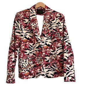 Bern and Mort One Button Blazer Jacket Red Coral and Animal Print Pattern 12P